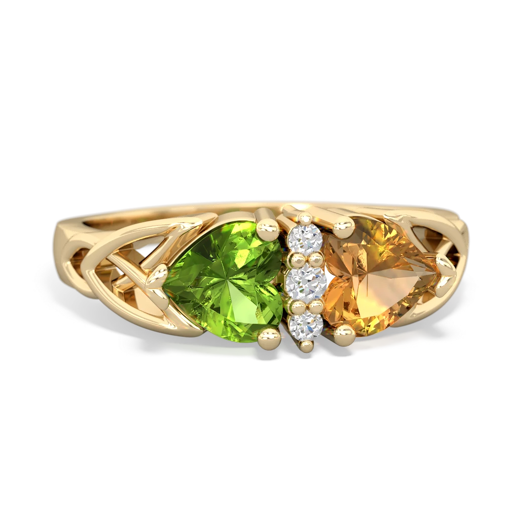 Peridot Celtic Knot Double Heart 14K Yellow Gold ring R5040