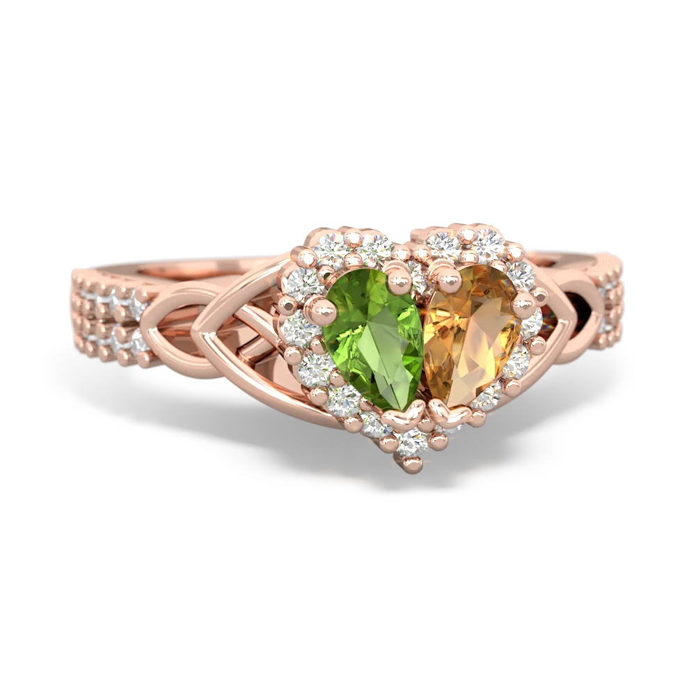 Peridot Celtic Knot Two Hearts As One 14K Rose Gold ring R2644HRT