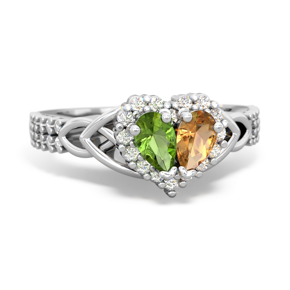 Peridot Celtic Knot Two Hearts As One 14K White Gold ring R2644HRT