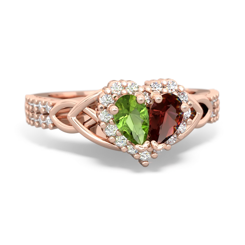 Peridot Celtic Knot Two Hearts As One 14K Rose Gold ring R2644HRT