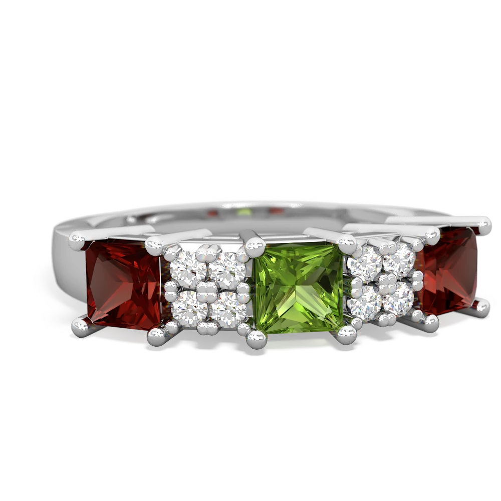 Peridot Three Stone Diamond Cluster 14K White Gold ring R2592