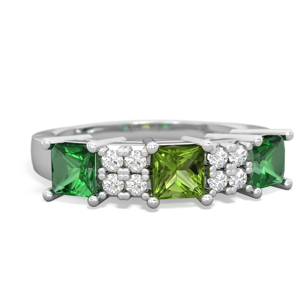 Peridot Three Stone Diamond Cluster 14K White Gold ring R2592