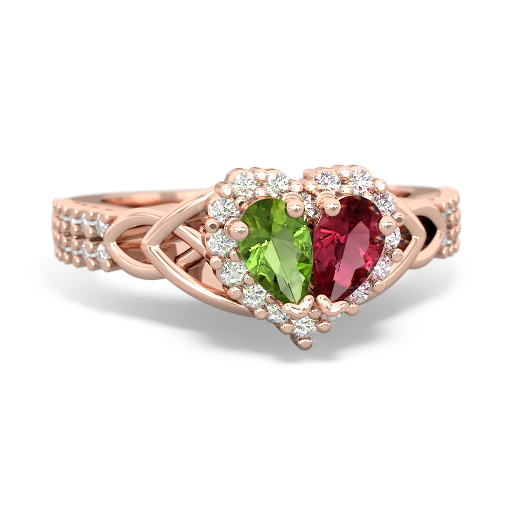 Peridot Celtic Knot Two Hearts As One 14K Rose Gold ring R2644HRT