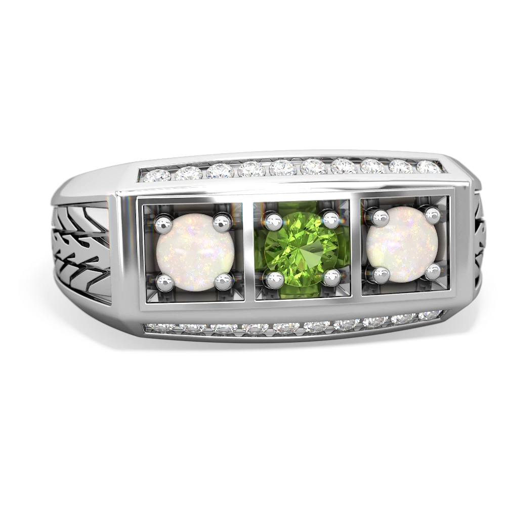 Peridot Three Stone Tire Tread Men's 14K White Gold ring R0520