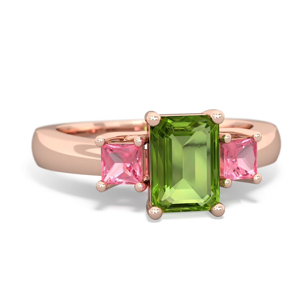 Peridot Three Stone Emerald-Cut Trellis 14K Rose Gold ring R4021