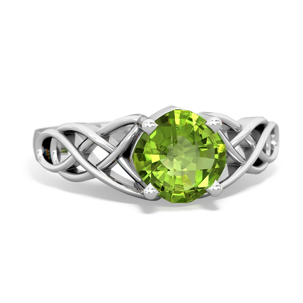 Peridot Checkerboard Cushion Celtic Knot 14K White Gold ring R5000