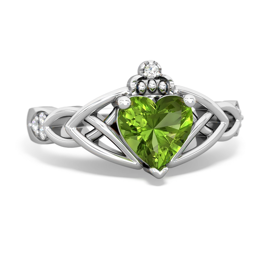 Peridot Claddagh Celtic Knot Diamond 14K White Gold ring R5001