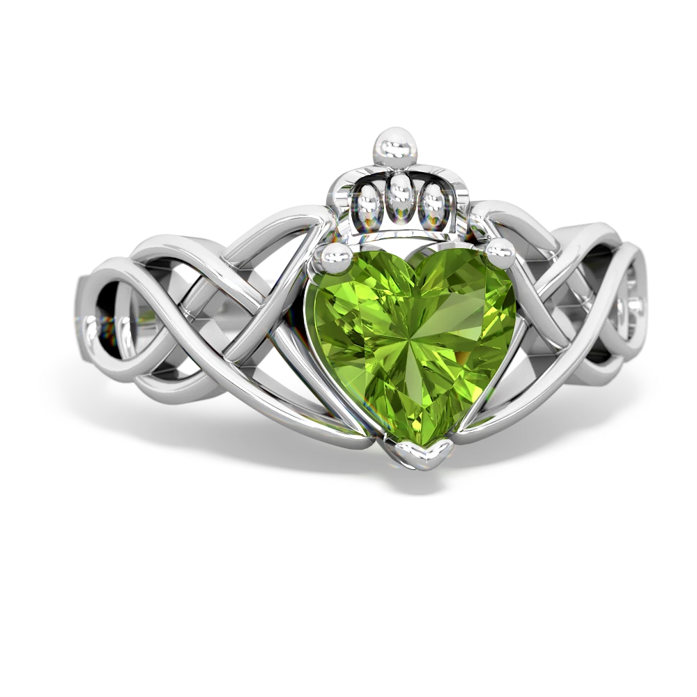Peridot Claddagh Celtic Knot 14K White Gold ring R2367 - front view