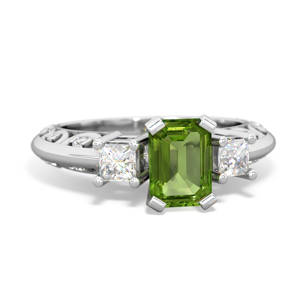 Peridot Art Deco Diamond 7X5 Emerald-Cut Engagement 14K White Gold ring R20017EM