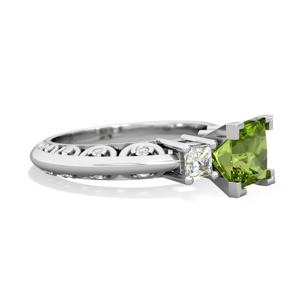 Peridot Art Deco Diamond Engagement 6Mm Princess 14K White Gold ring R2001