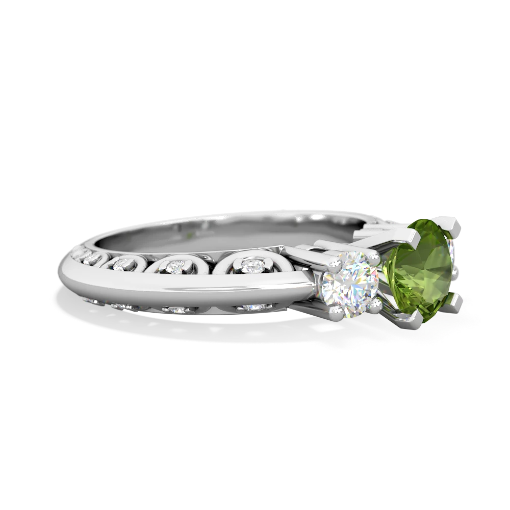 Peridot Art Deco Diamond 6Mm Round Engagment 14K White Gold ring R2003