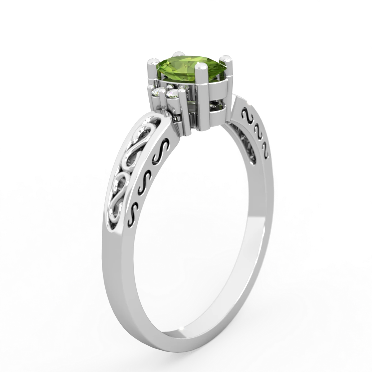 Peridot Filligree Scroll Oval 14K White Gold ring R0812