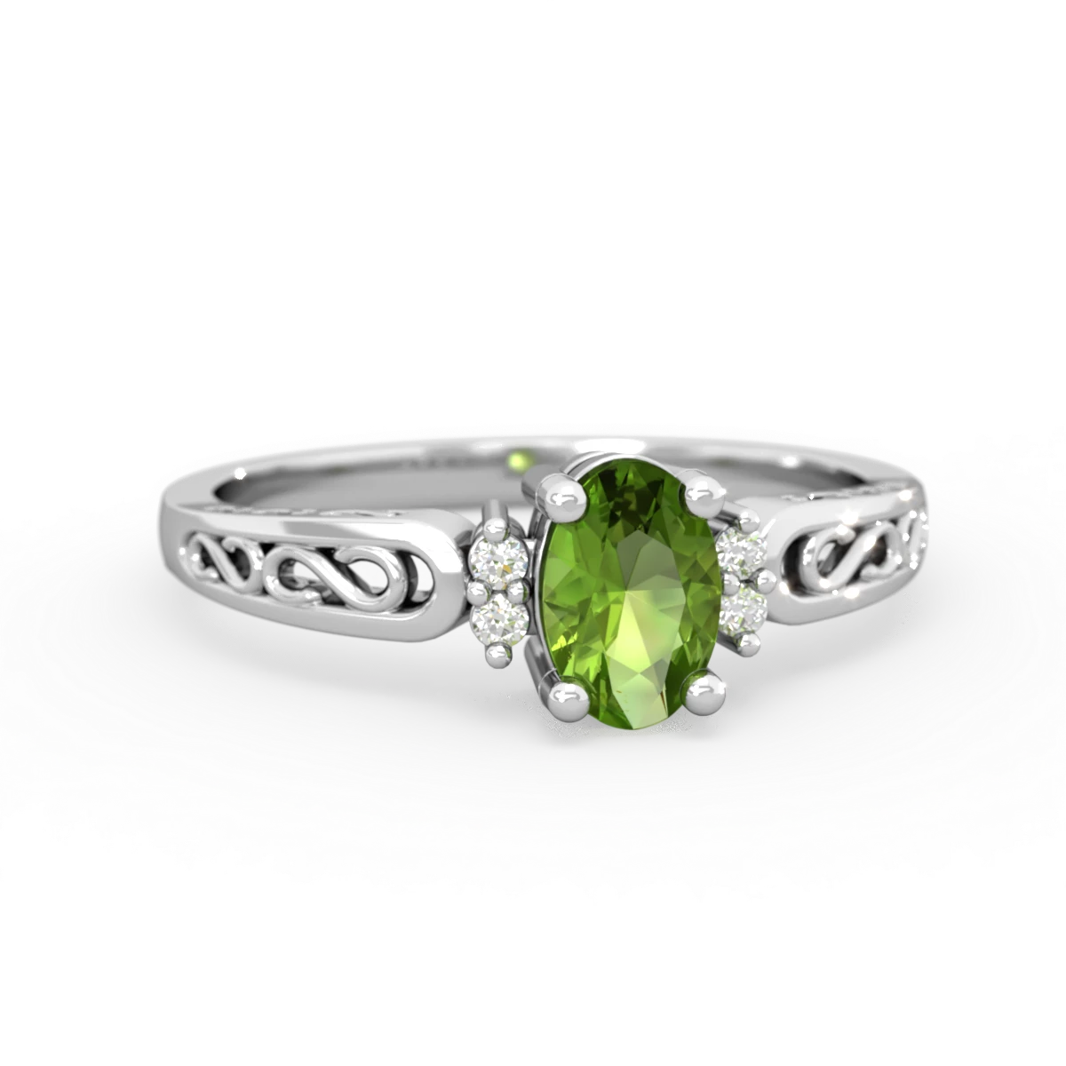 Peridot Filligree Scroll Oval 14K White Gold ring R0812
