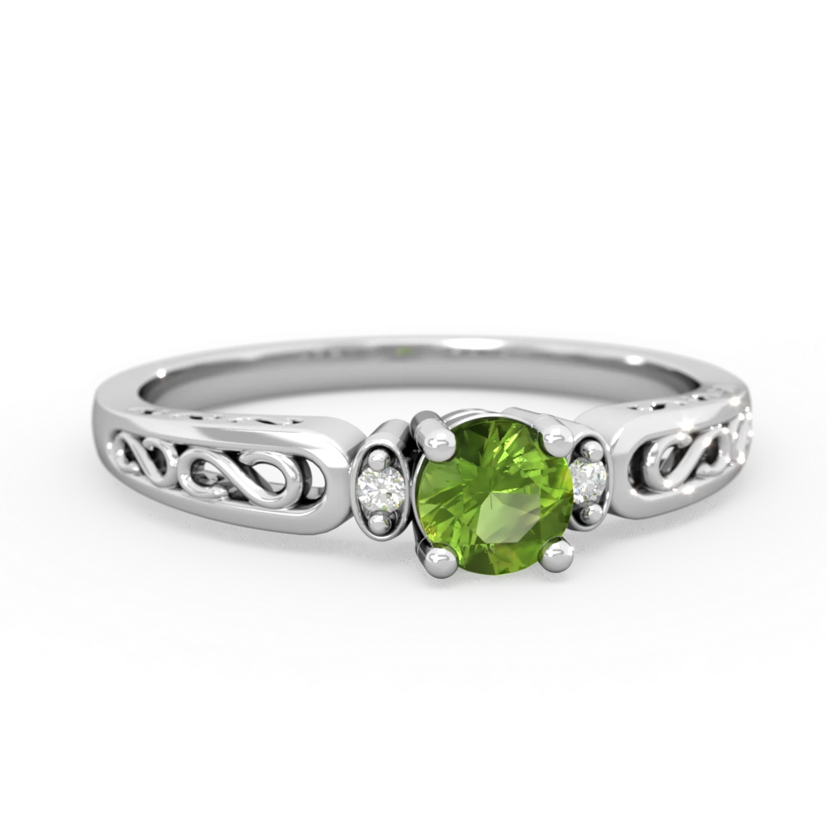 Peridot Filligree Scroll Round 14K White Gold ring R0829