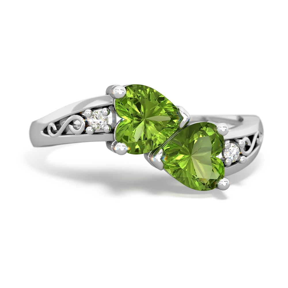 Peridot Snuggling Hearts 14K White Gold ring R2178