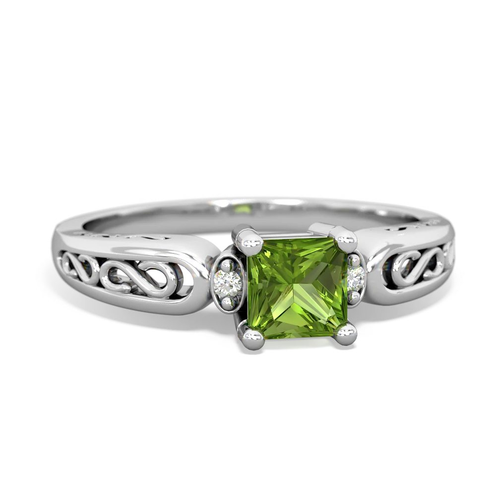 Peridot Filligree Scroll Square 14K White Gold ring R2430