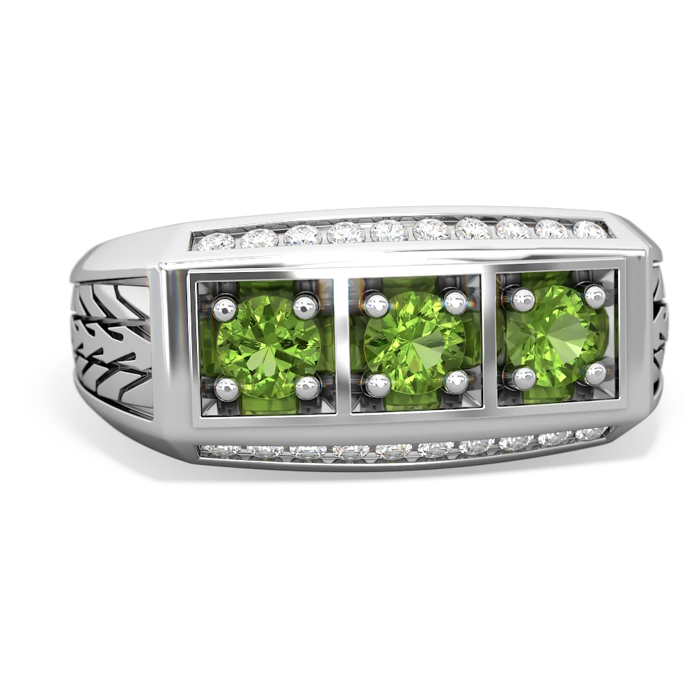 Peridot Three Stone Tire Tread Men's 14K White Gold ring R0520