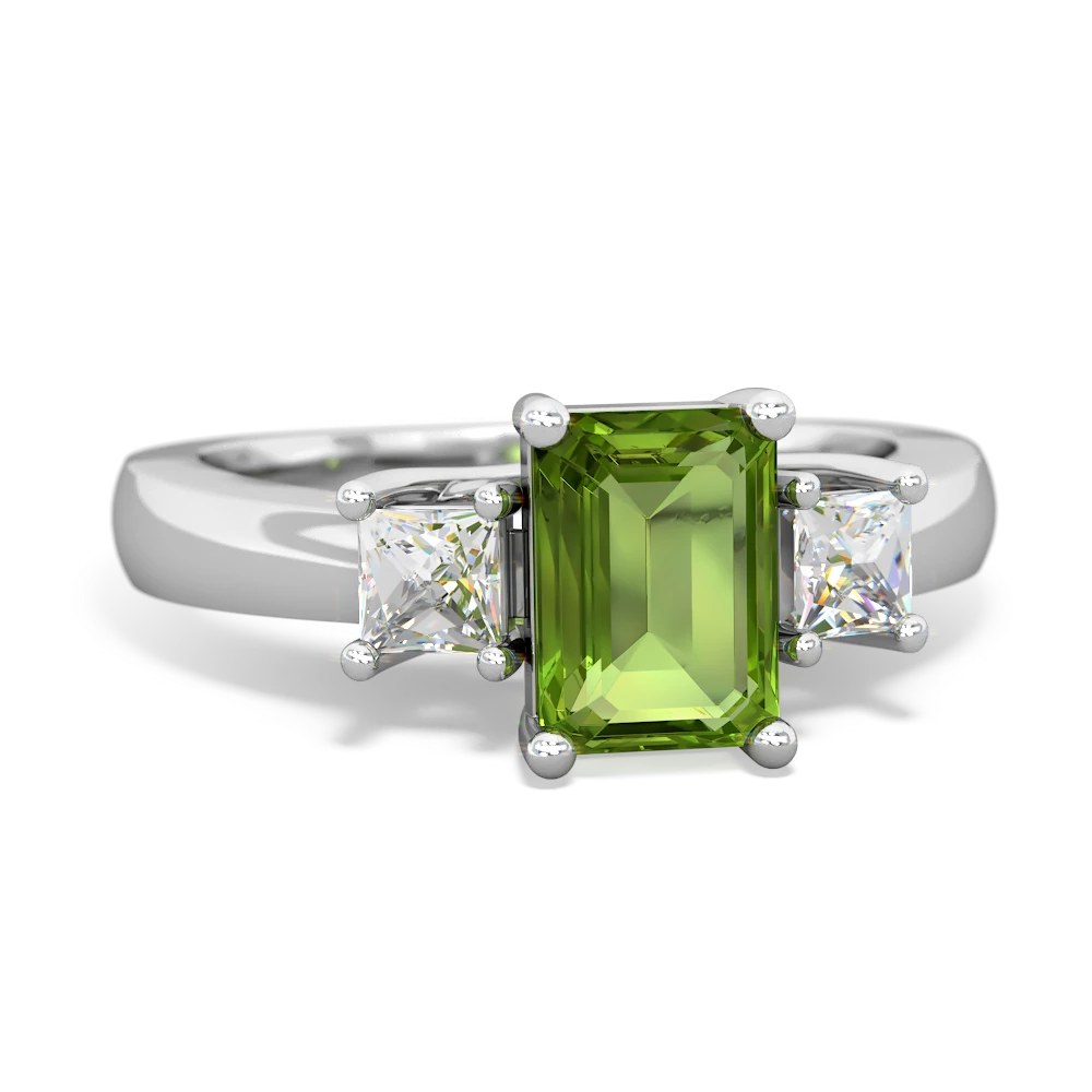 Peridot Diamond Three Stone Emerald-Cut Trellis 14K White Gold ring R4021