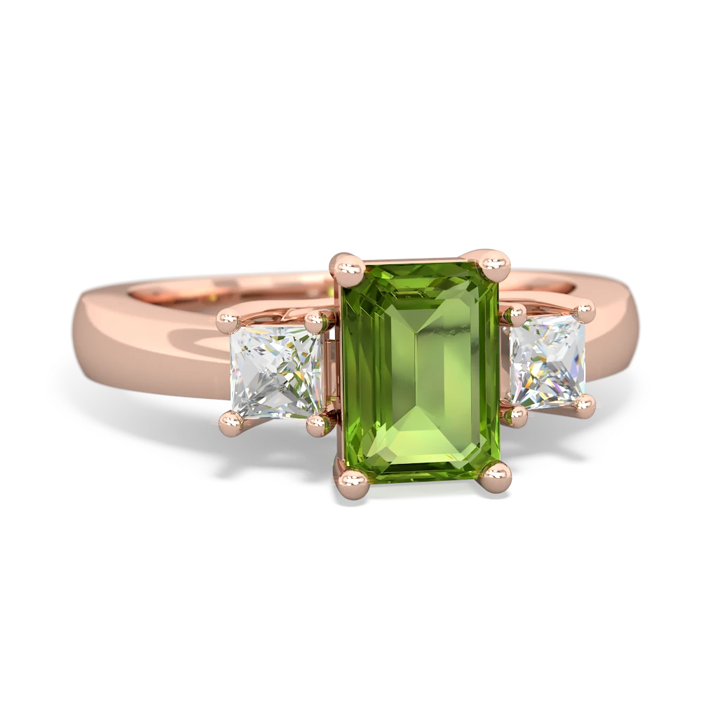 Peridot Diamond Three Stone Emerald-Cut Trellis 14K Rose Gold ring R4021