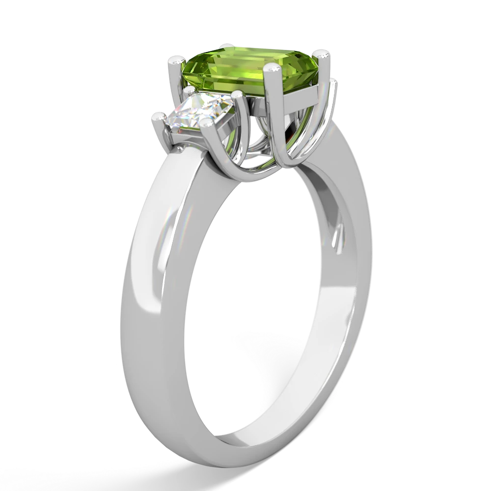 Peridot Diamond Three Stone Emerald-Cut Trellis 14K White Gold ring R4021
