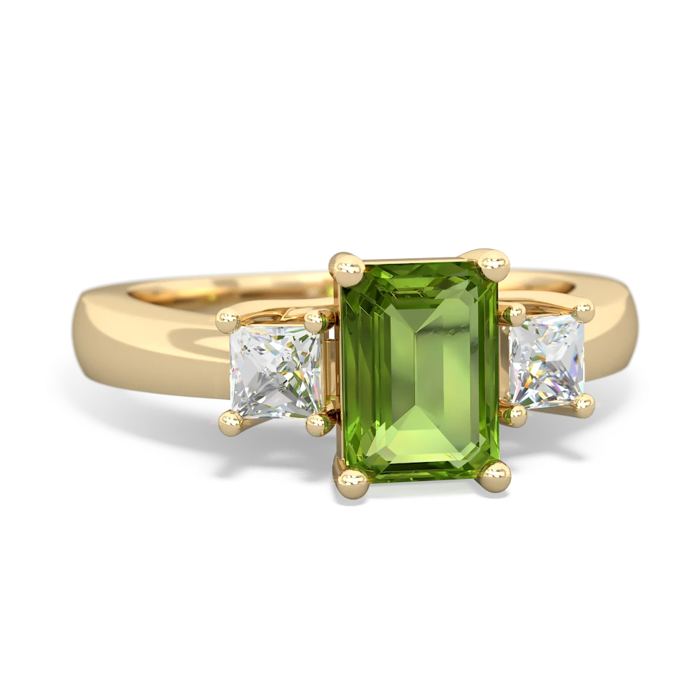 Peridot Diamond Three Stone Emerald-Cut Trellis 14K Yellow Gold ring R4021