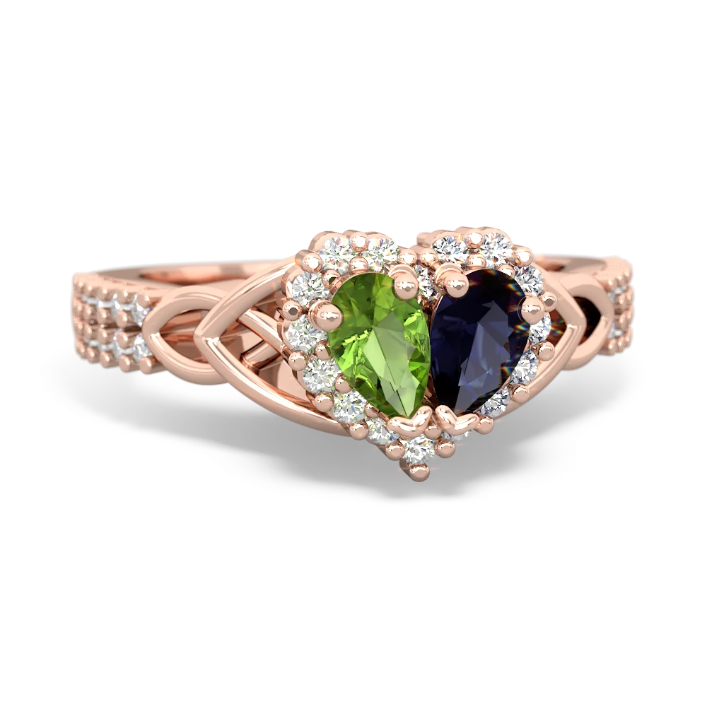 Peridot Celtic Knot Two Hearts As One 14K Rose Gold ring R2644HRT