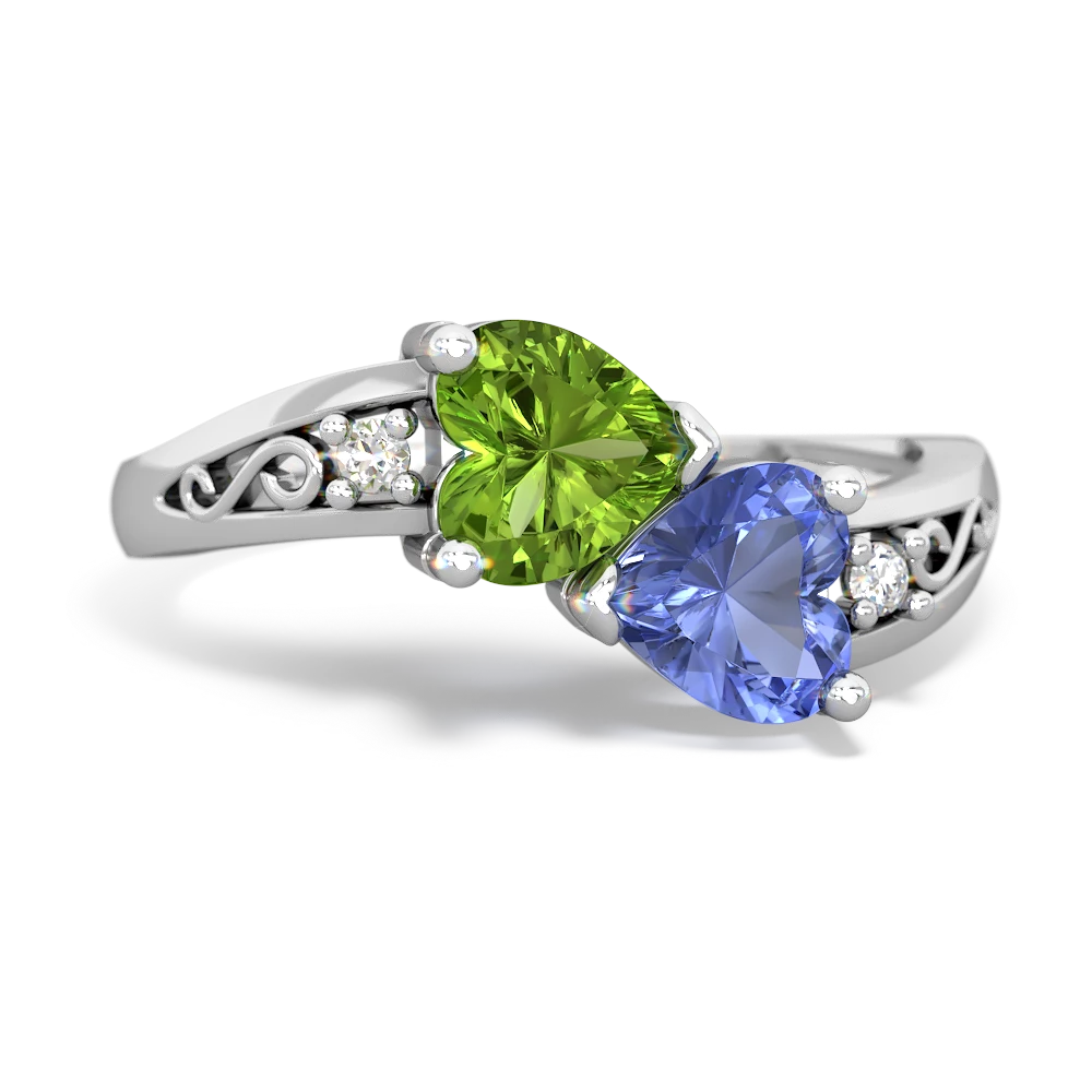 Peridot Snuggling Hearts 14K White Gold ring R2178