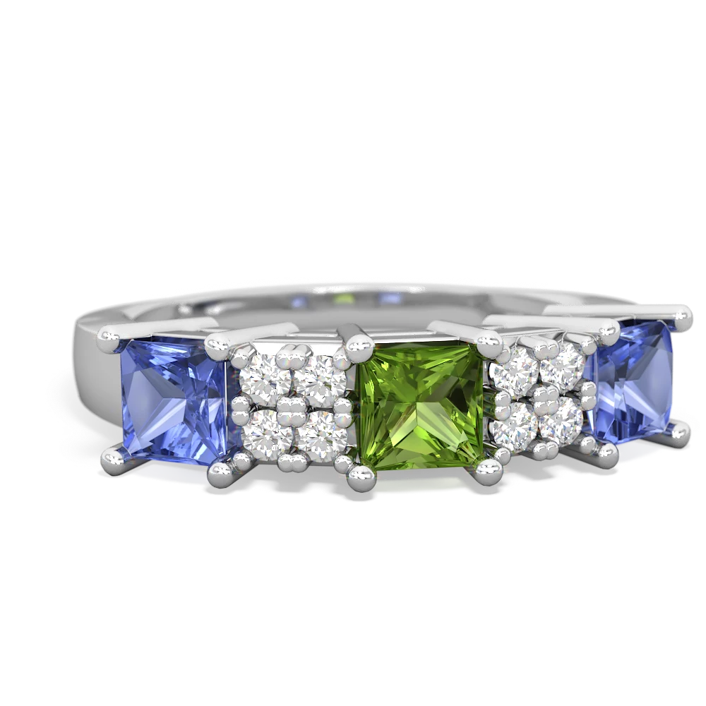 Peridot Three Stone Diamond Cluster 14K White Gold ring R2592