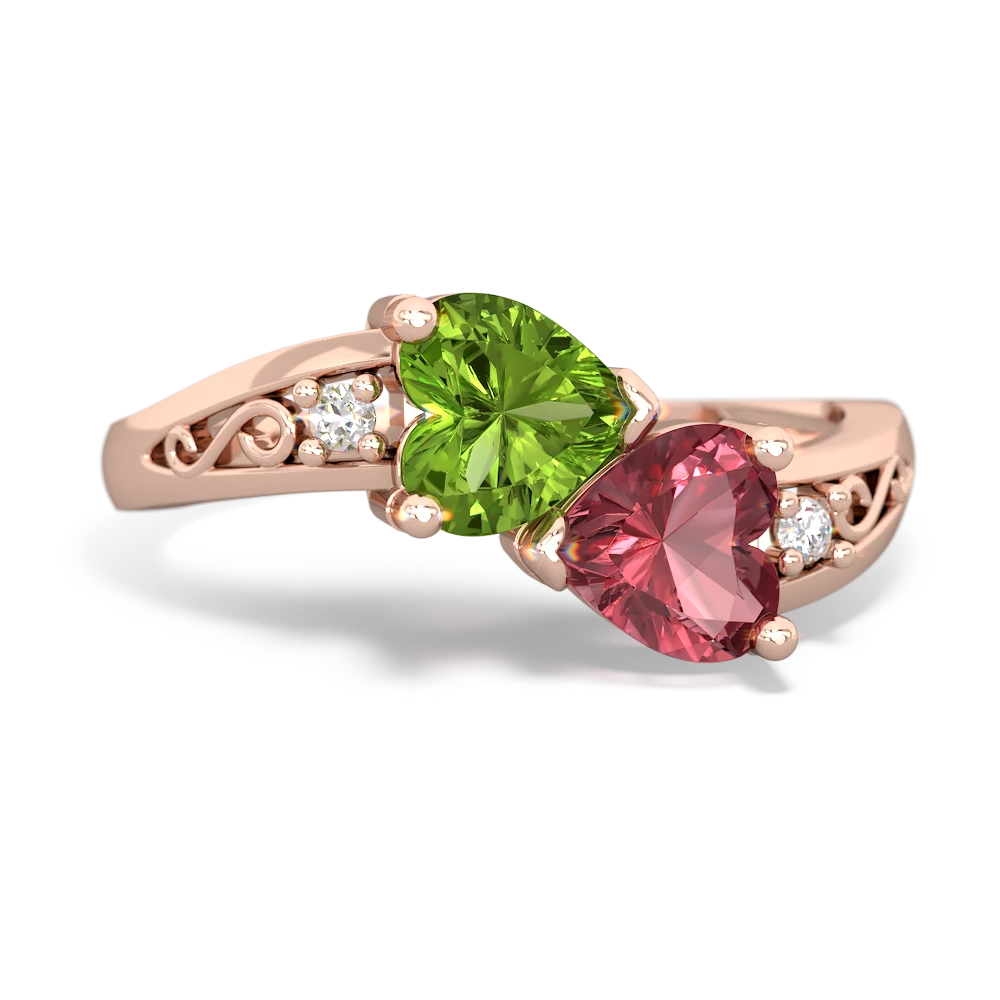 Peridot Snuggling Hearts 14K Rose Gold ring R2178