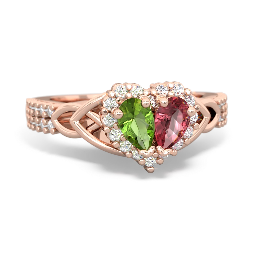 Peridot Celtic Knot Two Hearts As One 14K Rose Gold ring R2644HRT