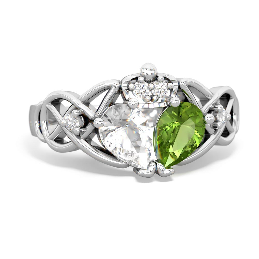 Peridot 'One Heart' Celtic Knot Claddagh 14K White Gold ring R5322