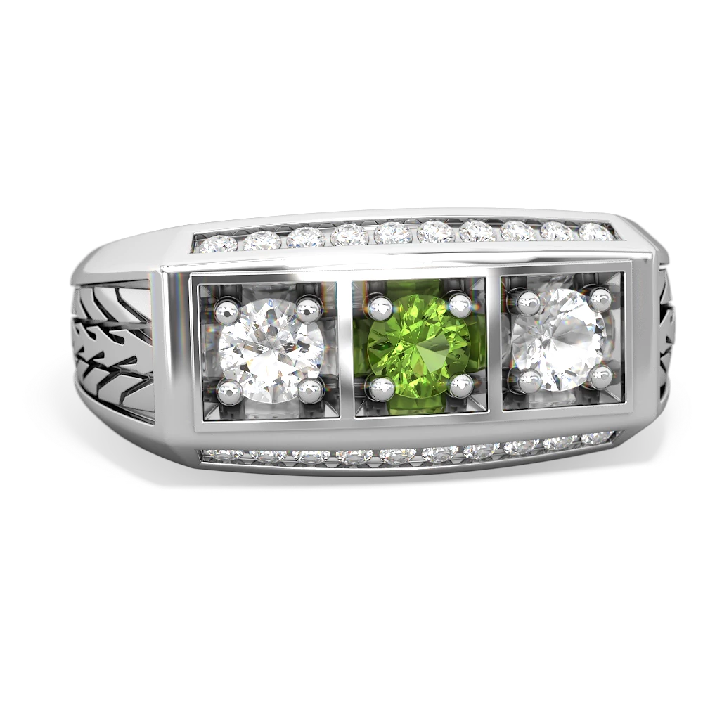 Peridot Three Stone Tire Tread Men's 14K White Gold ring R0520