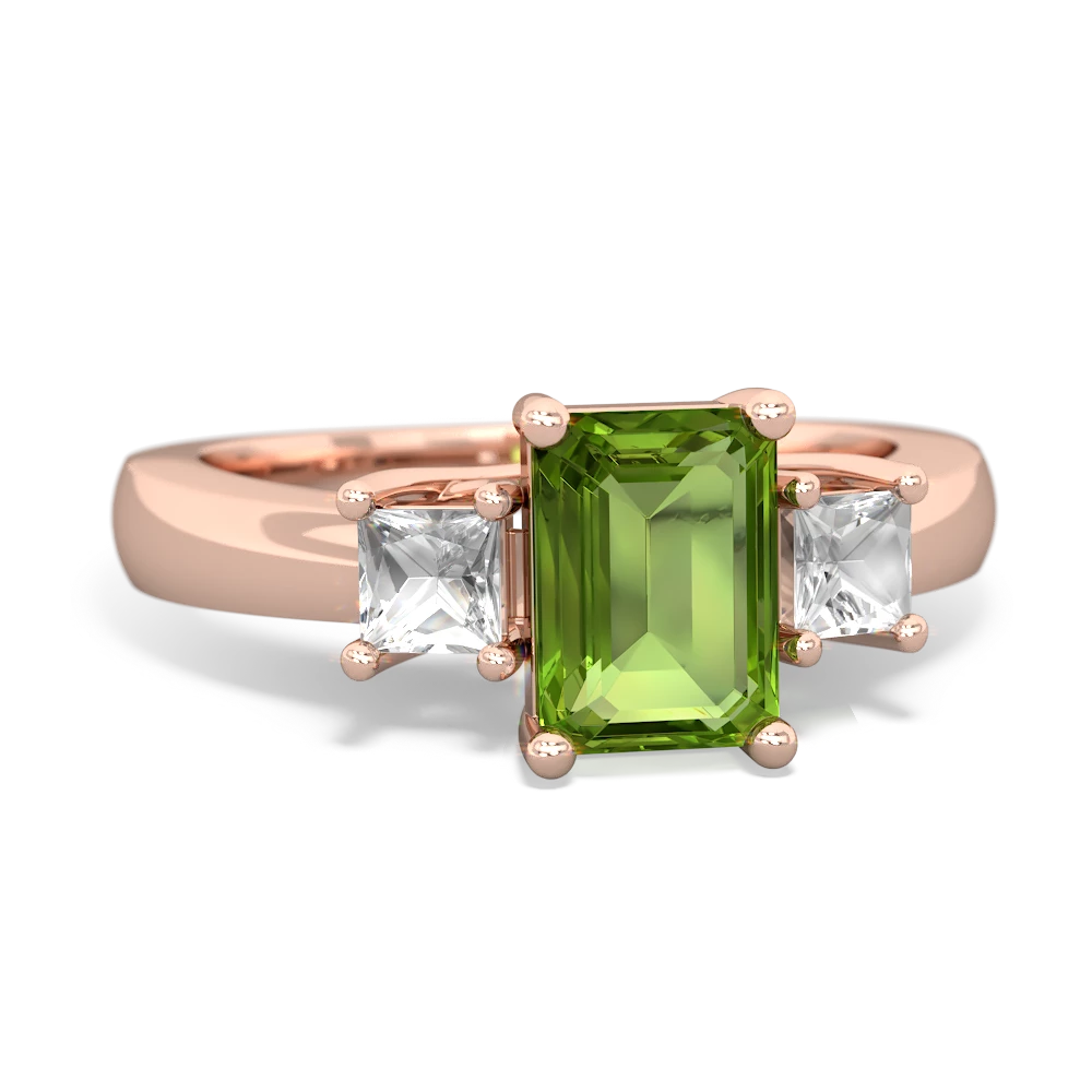 Peridot Three Stone Emerald-Cut Trellis 14K Rose Gold ring R4021