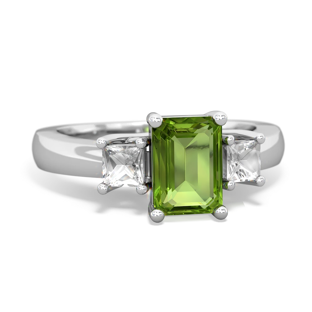 Peridot Three Stone Emerald-Cut Trellis 14K White Gold ring R4021