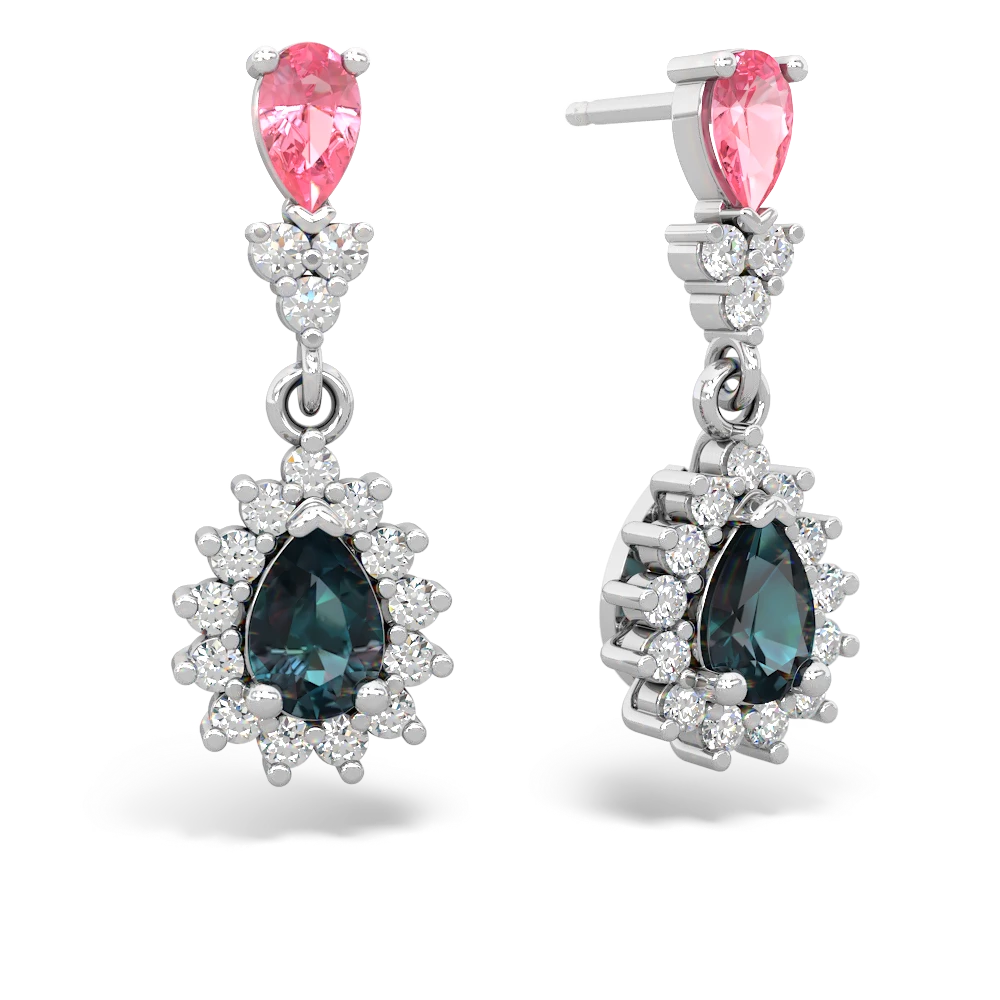 Lab Pink Sapphire Halo Pear Dangle 14K White Gold earrings E1882