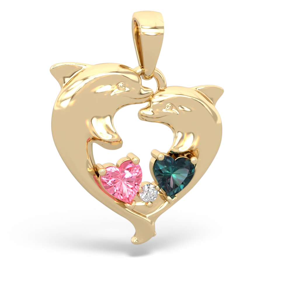 Lab Pink Sapphire Dolphin Heart 14K Yellow Gold pendant P5820