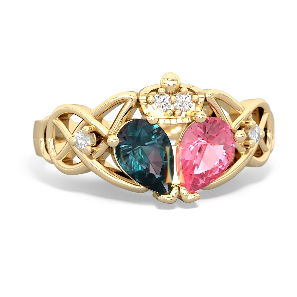 Lab Pink Sapphire 'One Heart' Celtic Knot Claddagh 14K Yellow Gold ring R5322