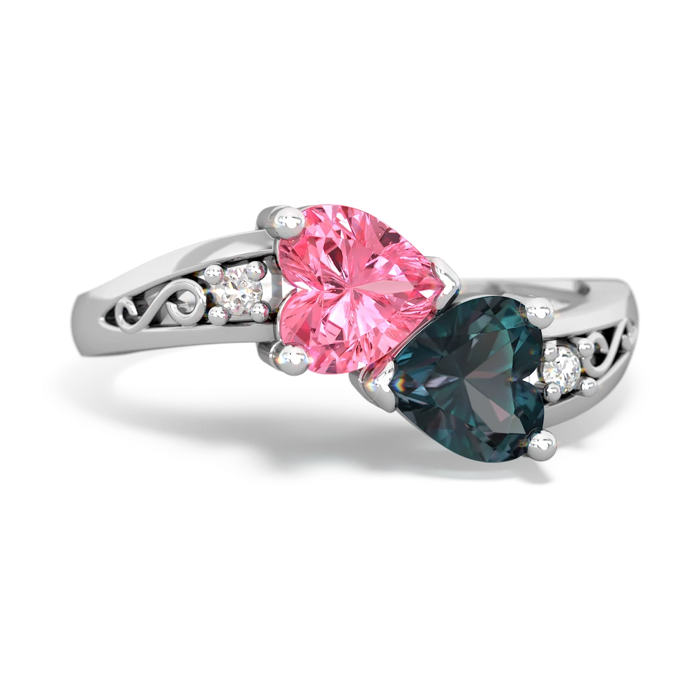 Lab Pink Sapphire Snuggling Hearts 14K White Gold ring R2178