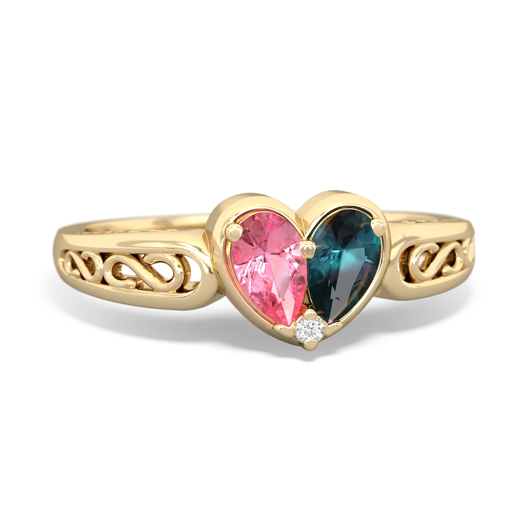 Lab Pink Sapphire Filligree 'One Heart' 14K Yellow Gold ring R5070