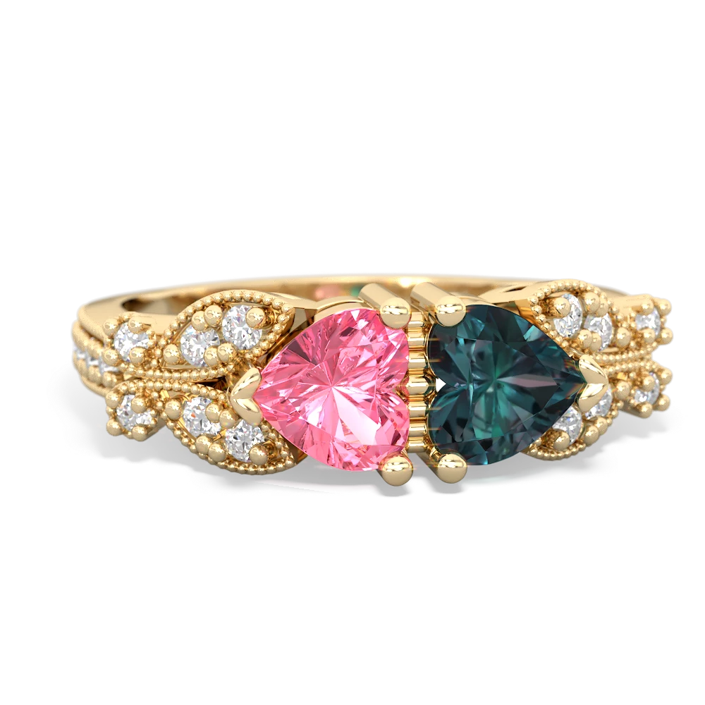 Lab Pink Sapphire Diamond Butterflies 14K Yellow Gold ring R5601