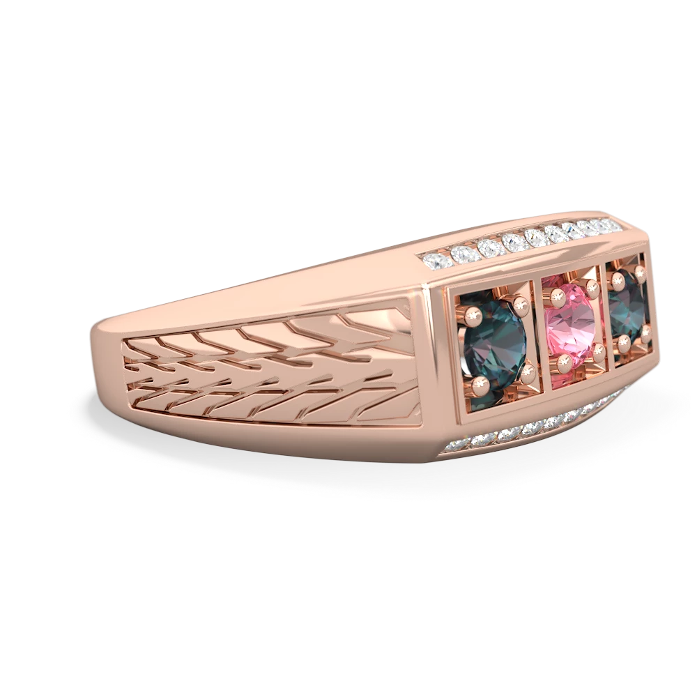 Lab Pink Sapphire Three Stone Tire Tread Men's 14K Rose Gold ring R0520