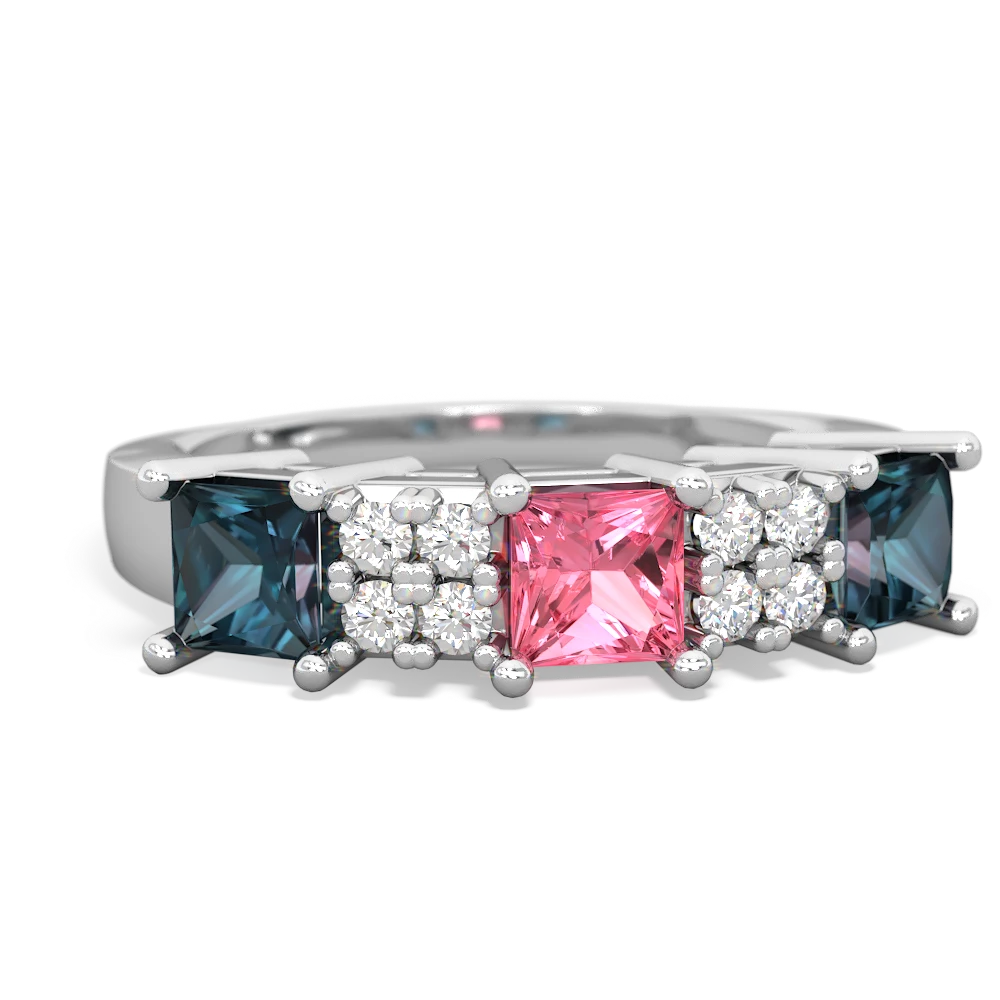 Lab Pink Sapphire Three Stone Diamond Cluster 14K White Gold ring R2592