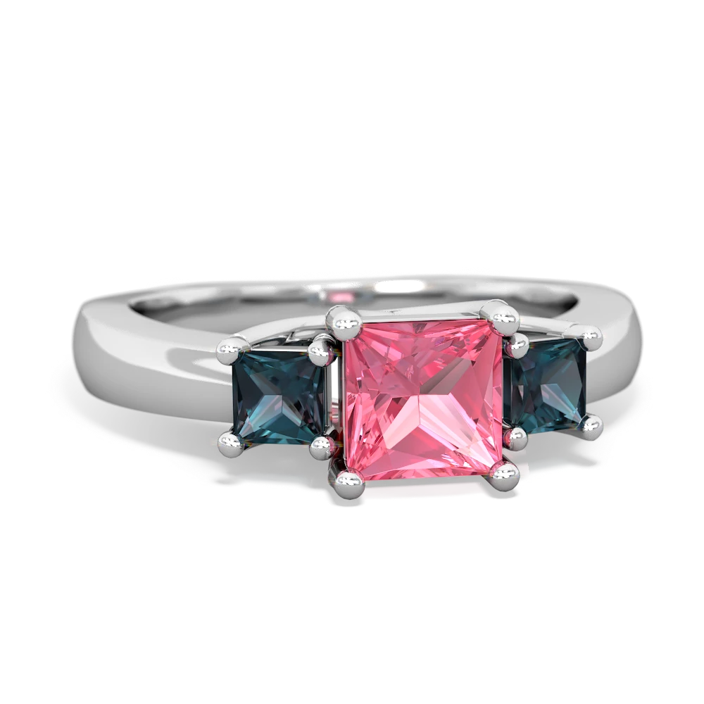 Lab Pink Sapphire Three Stone Trellis 14K White Gold ring R4015