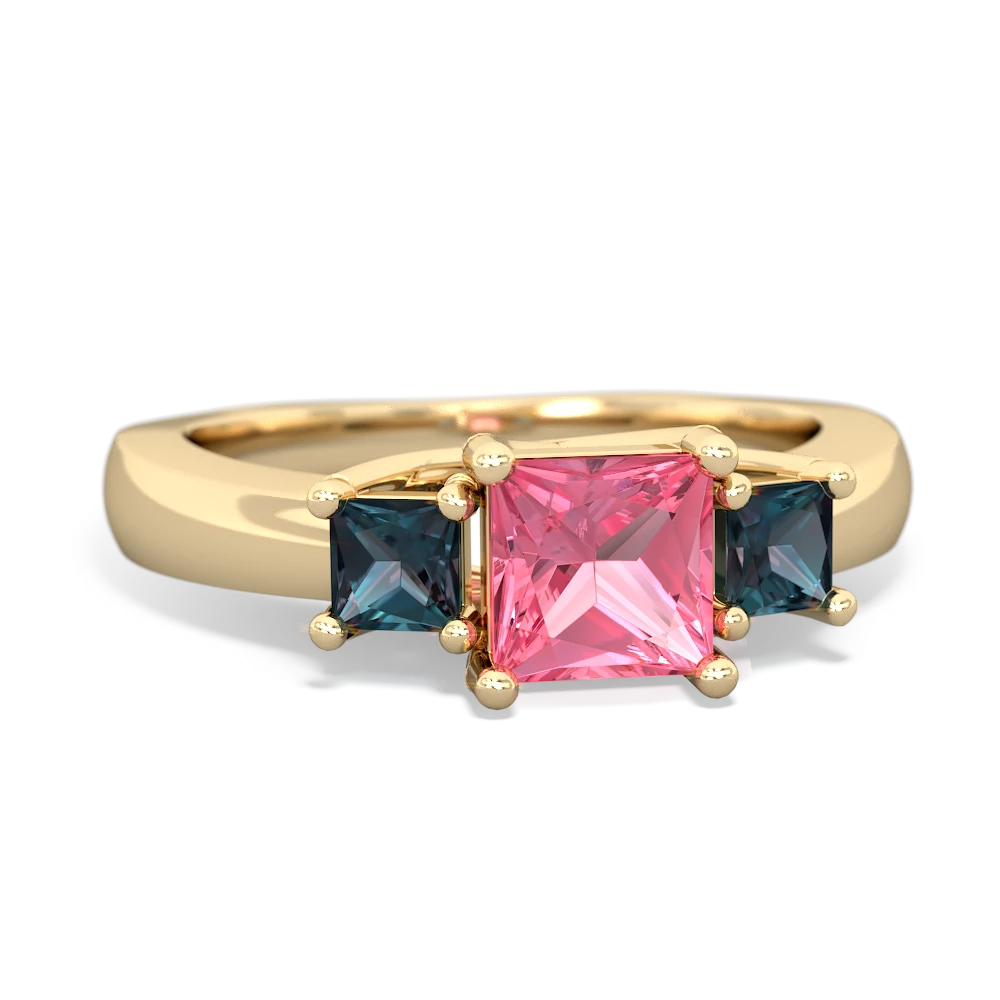 Lab Pink Sapphire Three Stone Trellis 14K Yellow Gold ring R4015