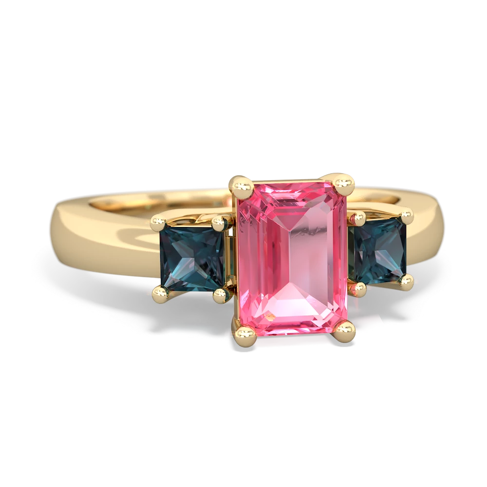 Lab Pink Sapphire Three Stone Emerald-Cut Trellis 14K Yellow Gold ring R4021