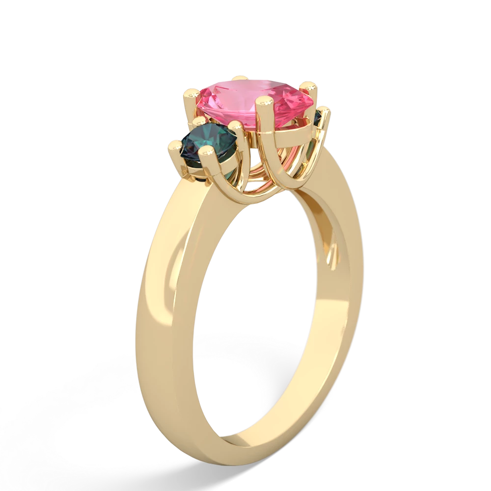 Lab Pink Sapphire Three Stone Oval Trellis 14K Yellow Gold ring R4024