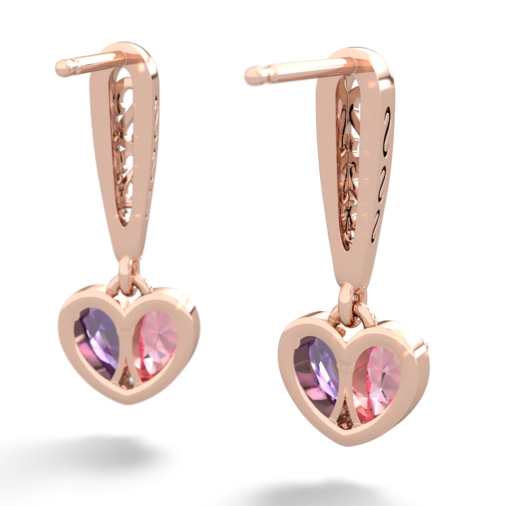 Lab Pink Sapphire Filligree Heart 14K Rose Gold earrings E5070