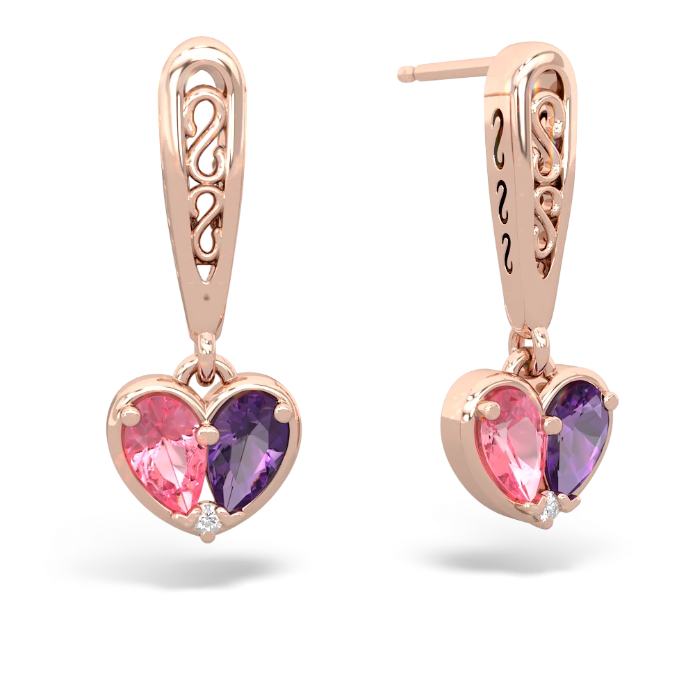 Lab Pink Sapphire Filligree Heart 14K Rose Gold earrings E5070