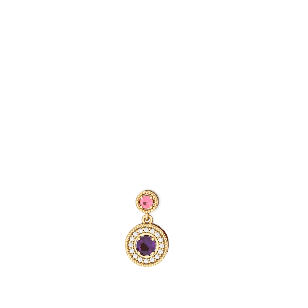 Lab Pink Sapphire Halo Dangle 14K Yellow Gold earrings E5319