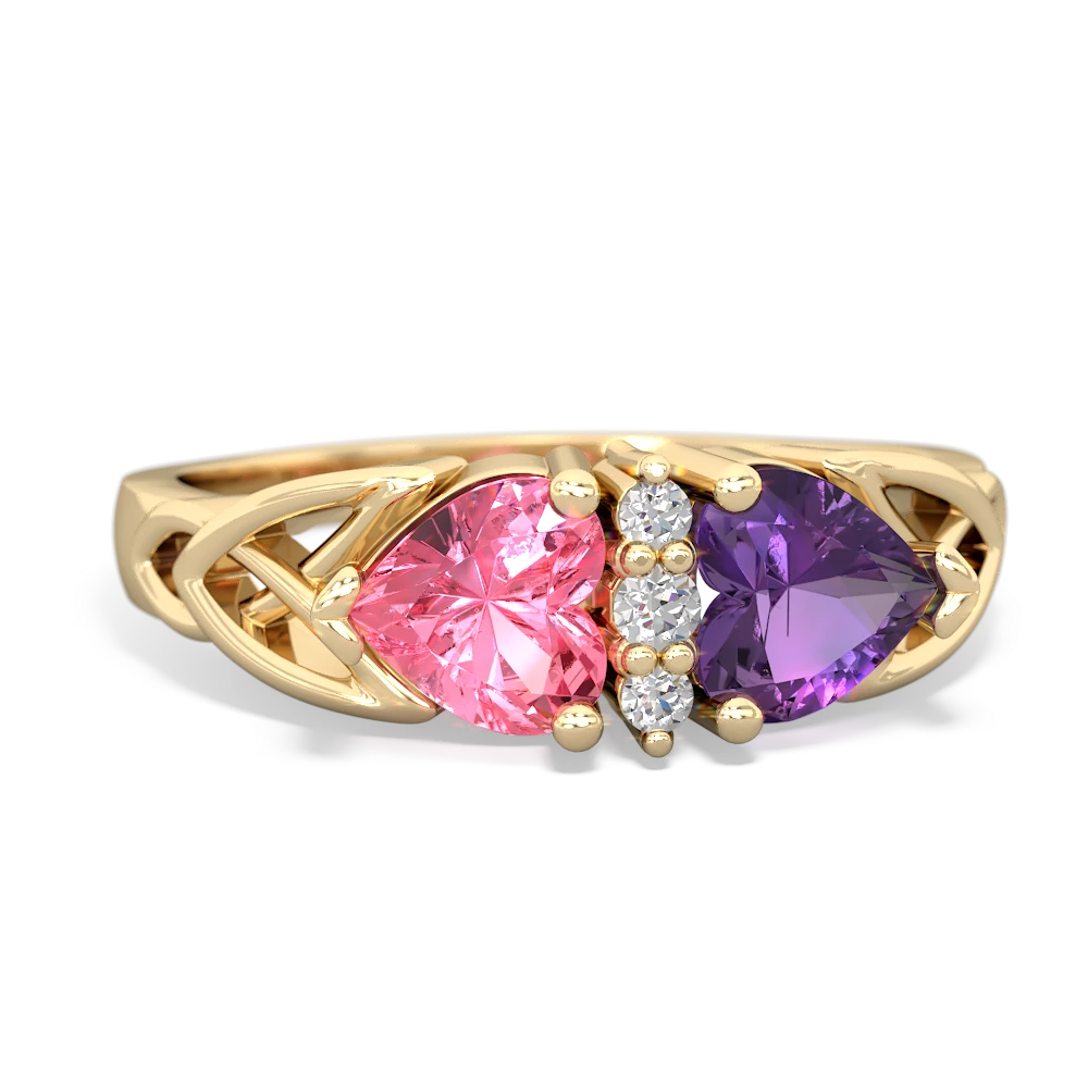 Lab Pink Sapphire Celtic Knot Double Heart 14K Yellow Gold ring R5040